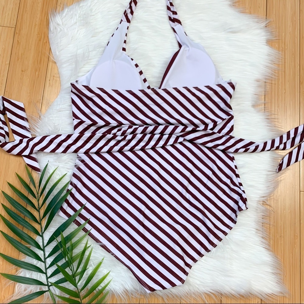 Women’s Brown White Waist Tie One Piece, XL. - Picture 2 of 8
